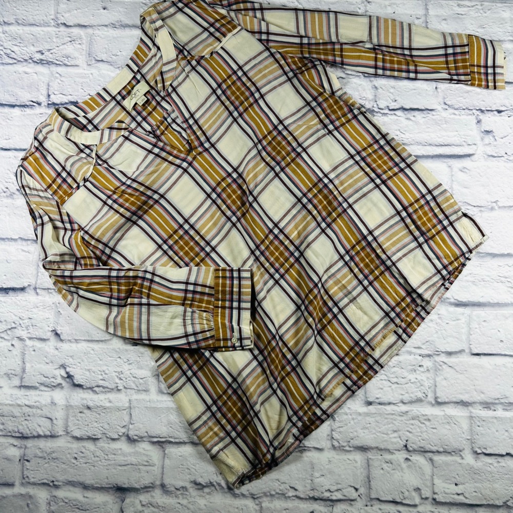 Loft Outlet Womens Medium Cream Plaid Popover Blouse Split V-Neck Rayon Top